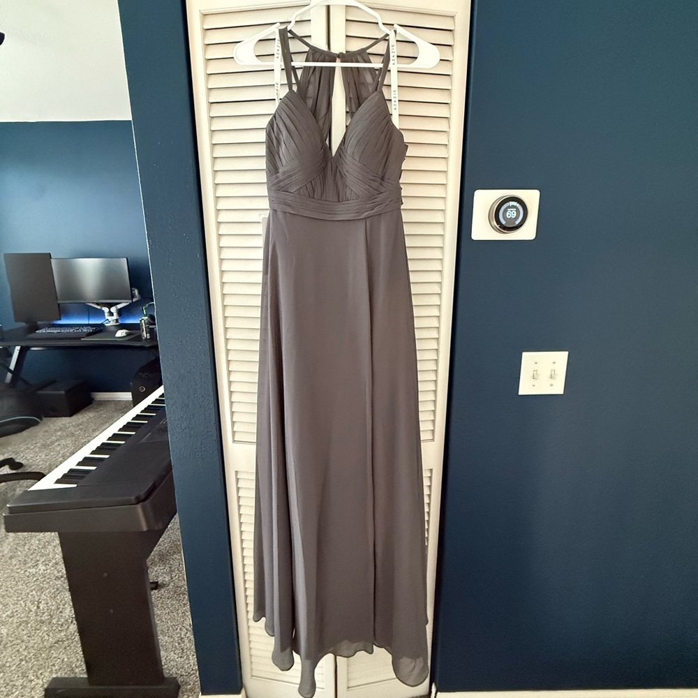 Azazie bridesmaid wedding floor length dress
sizeA0 
Steel Gray
Aubrey style
Nwt